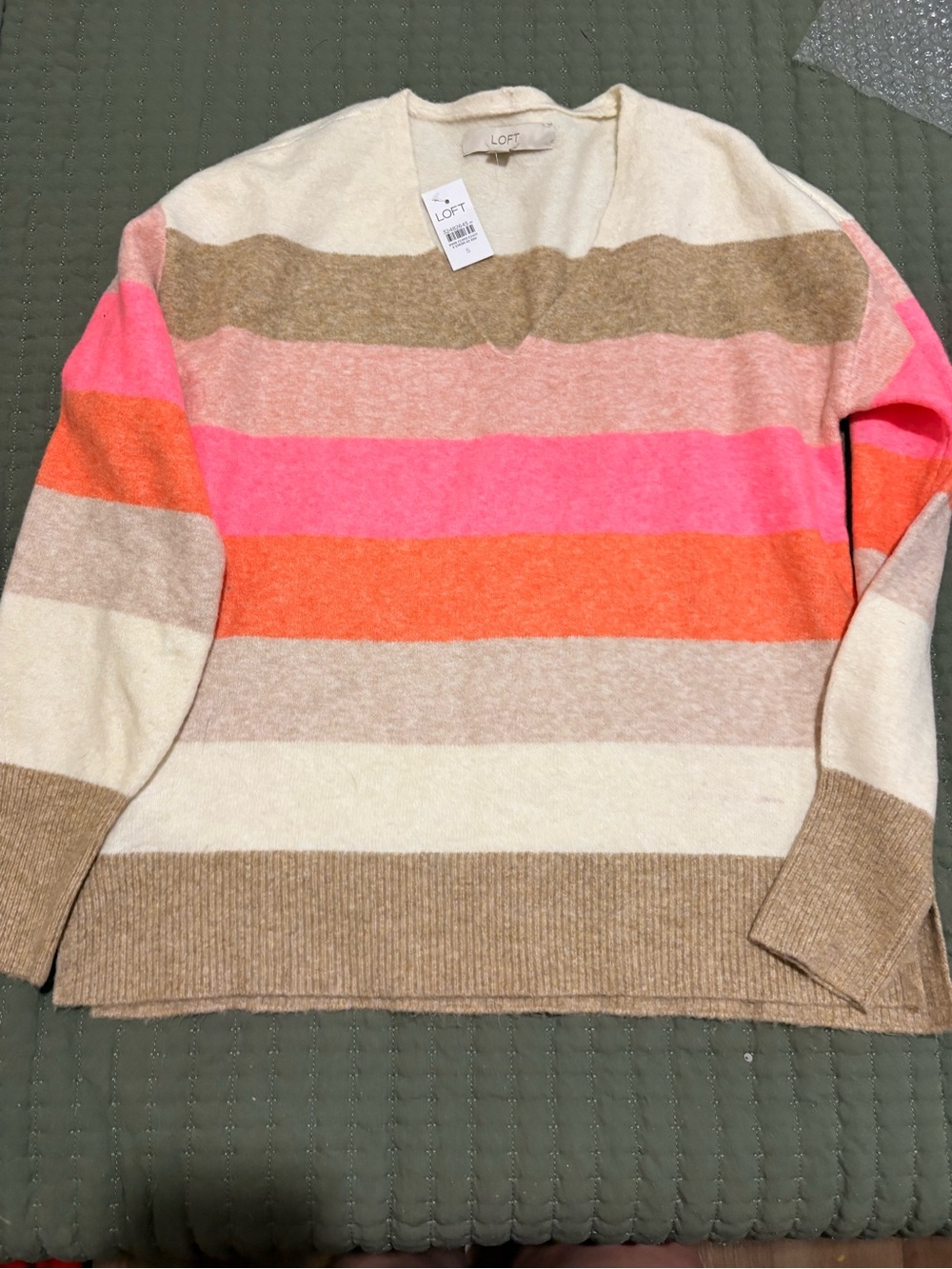 LOFT Striped V-Neck Sweater in Cream, Tan, Pink, Orange